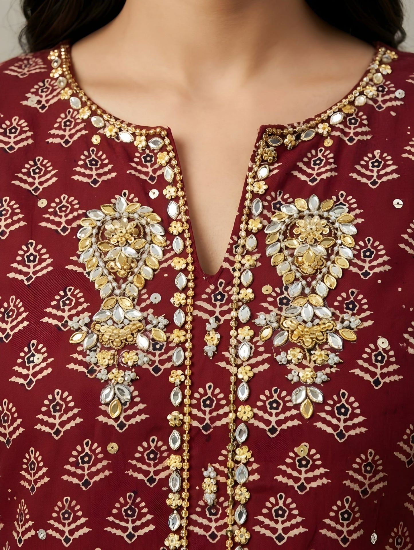 The Maroon Heritage: Hand-Block Printed Ajrak Kaftan (Delivery Time: 4 Weeks)