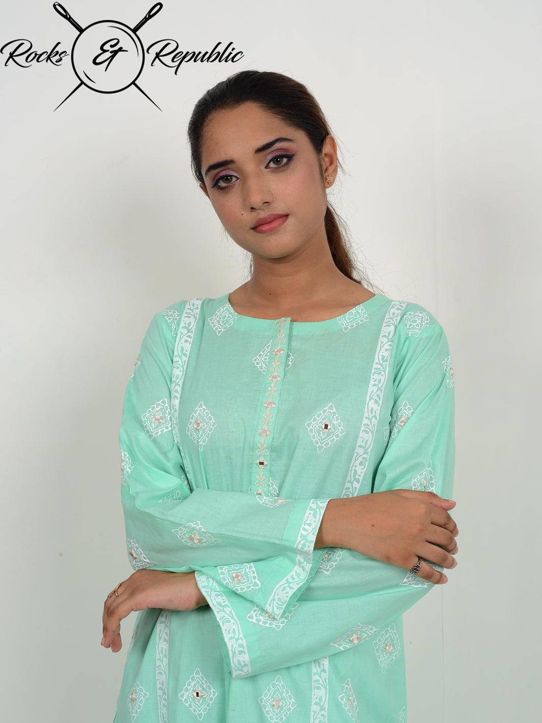 Hand Blocked Sheesha Kari Kurtas ( Sea Green) - Rocks & Republic