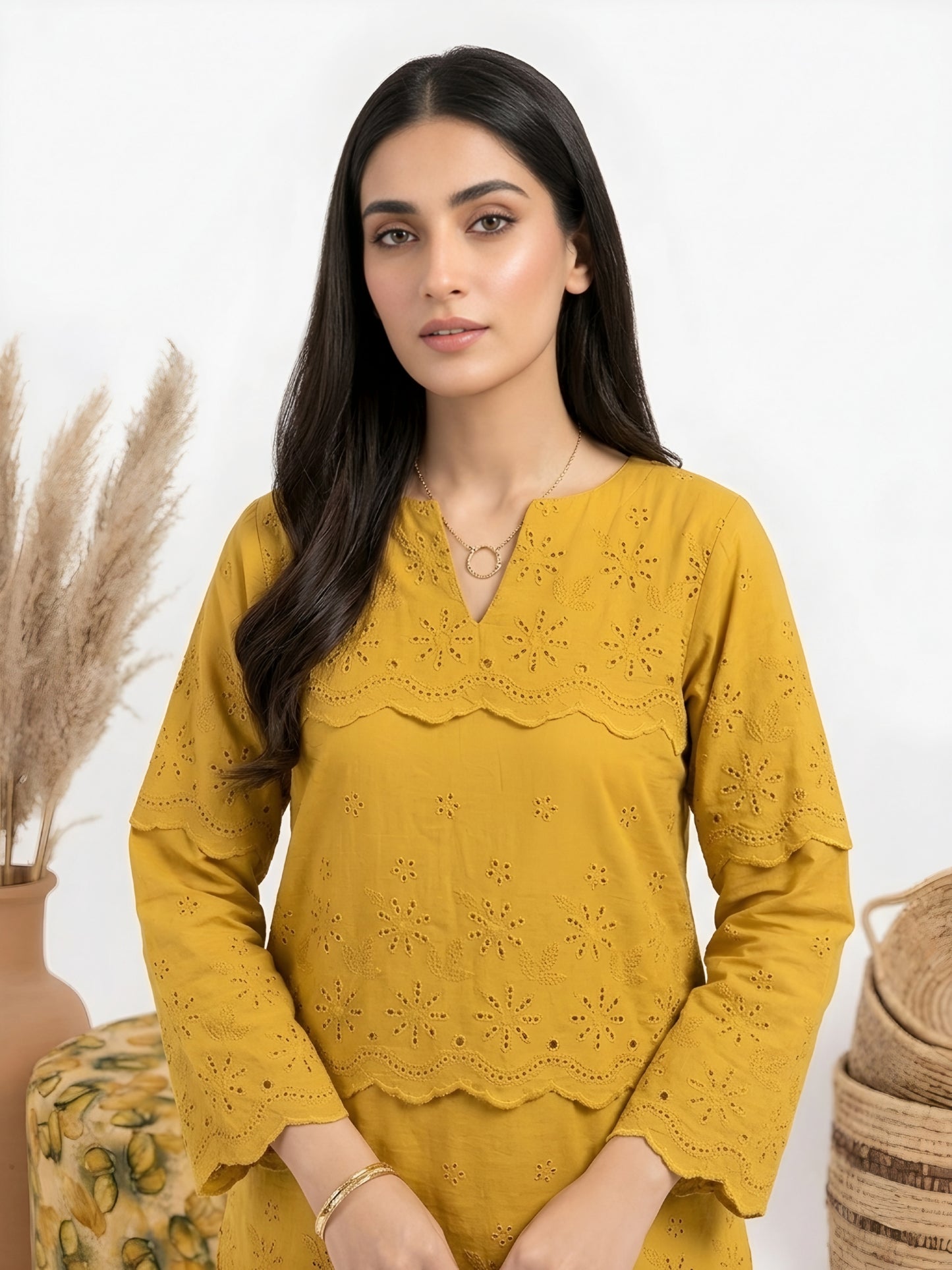Chikankari with printed Shalwars 2 PC - Mustard Bloom