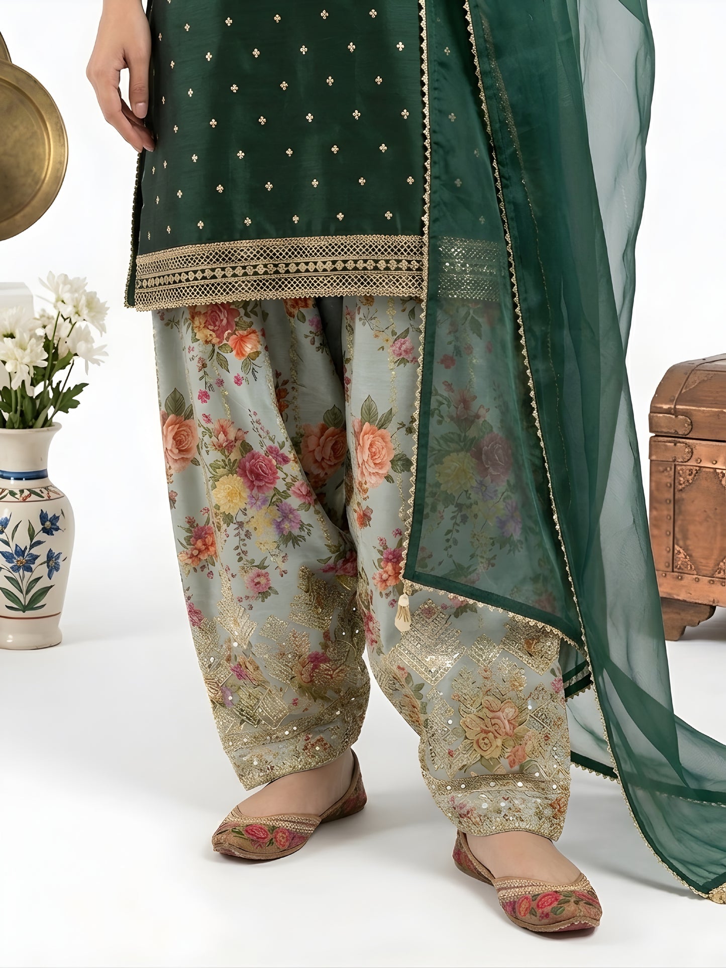 Silk Embroidered Collection - Emerald Blossom