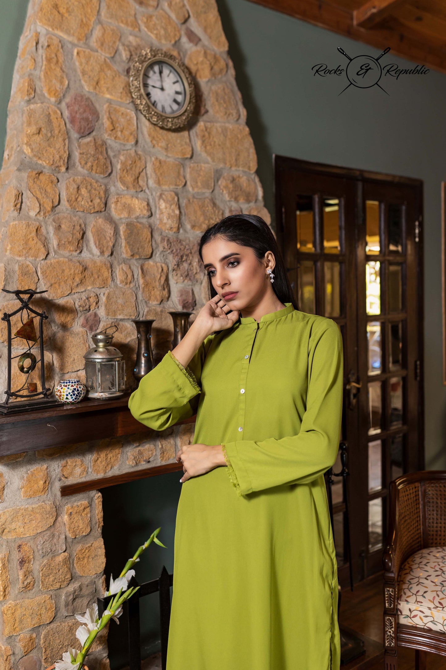 Viscous Crepe Jeorjett Solid Co-ord Set ( Dhani Green ) Long - Rocks & Republic