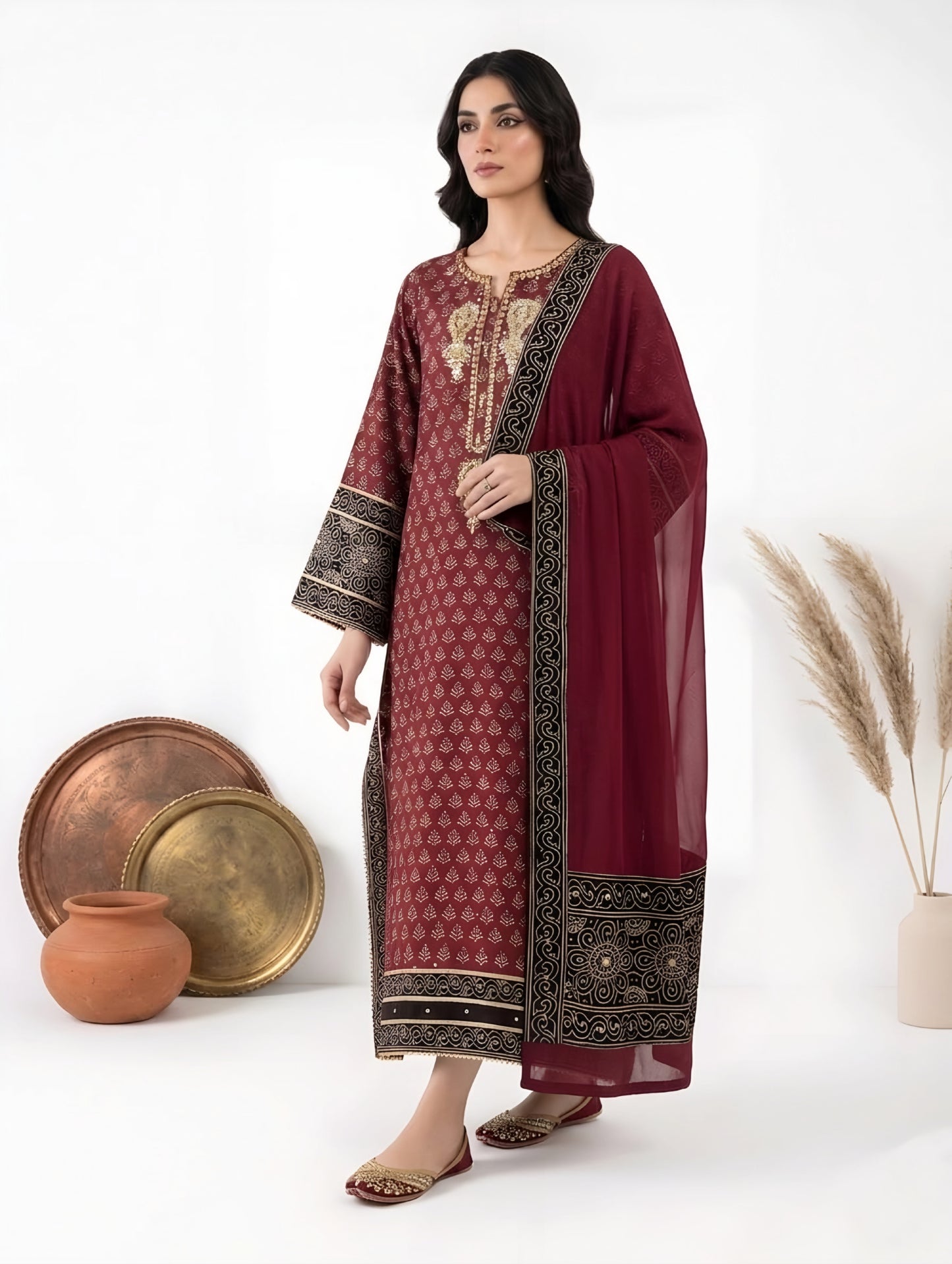 The Maroon Heritage: Hand-Block Printed Ajrak Kaftan (Delivery Time: 4 Weeks)