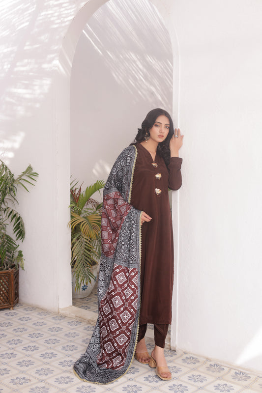 Ajrak Dupatta - Espresso Silk