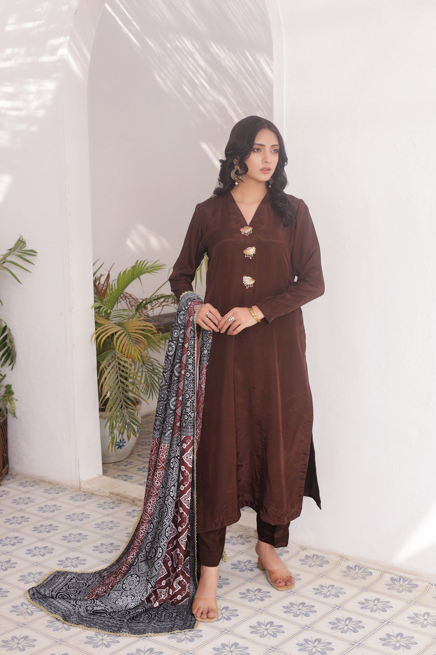 Ajrak Dupatta - Espresso Silk
