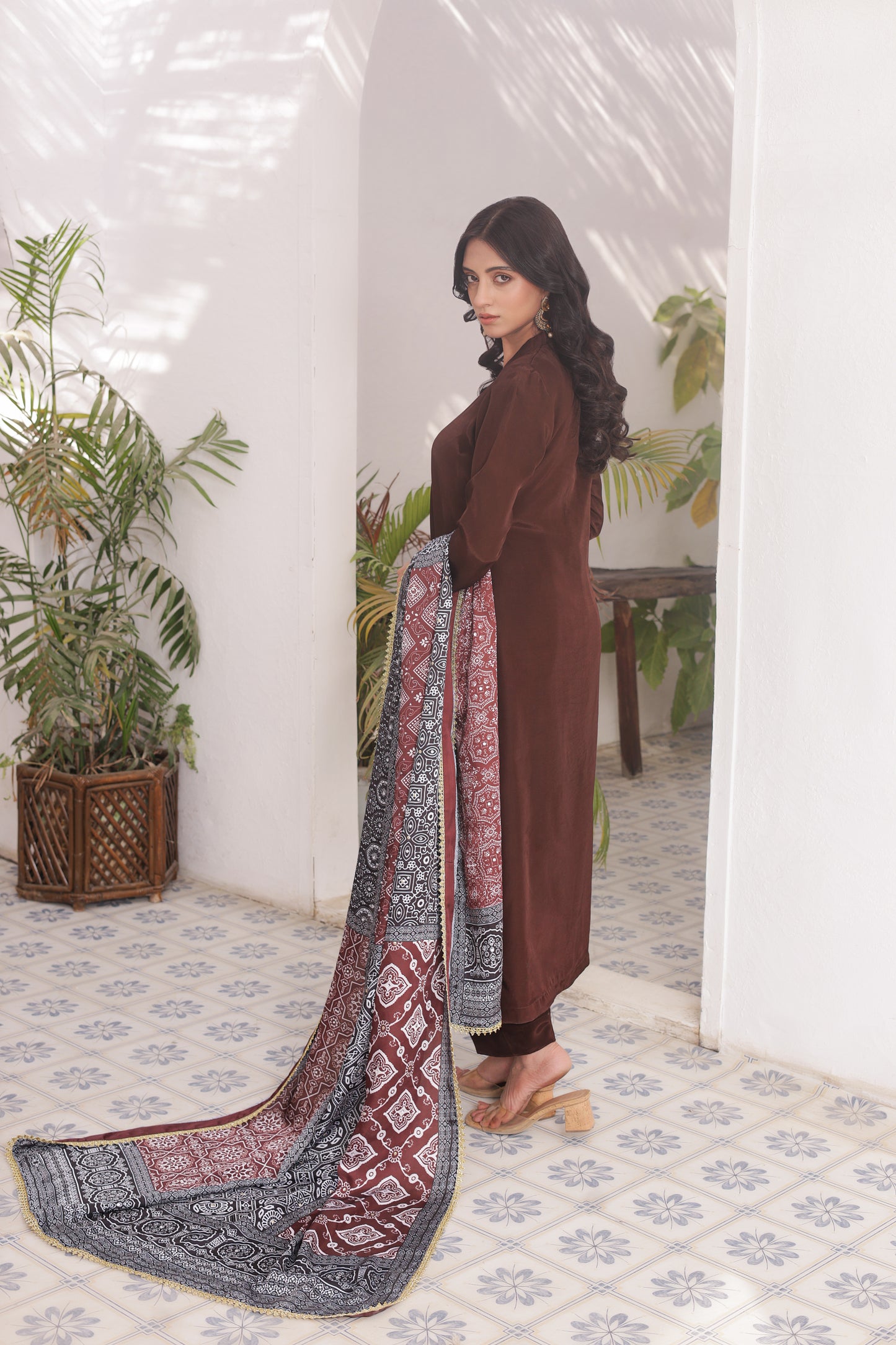 Ajrak Dupatta - Espresso Silk