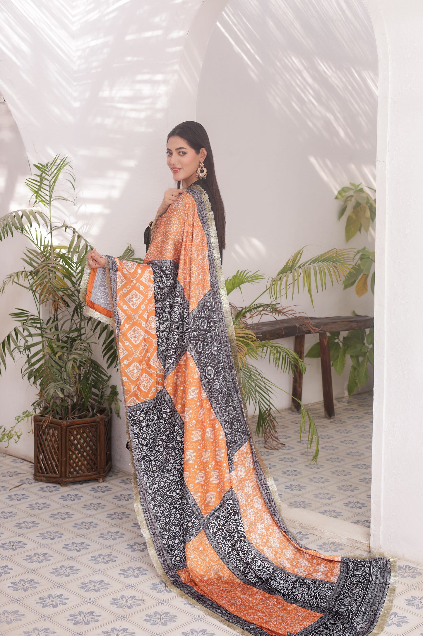Ajrak Dupatta - Noir Silk