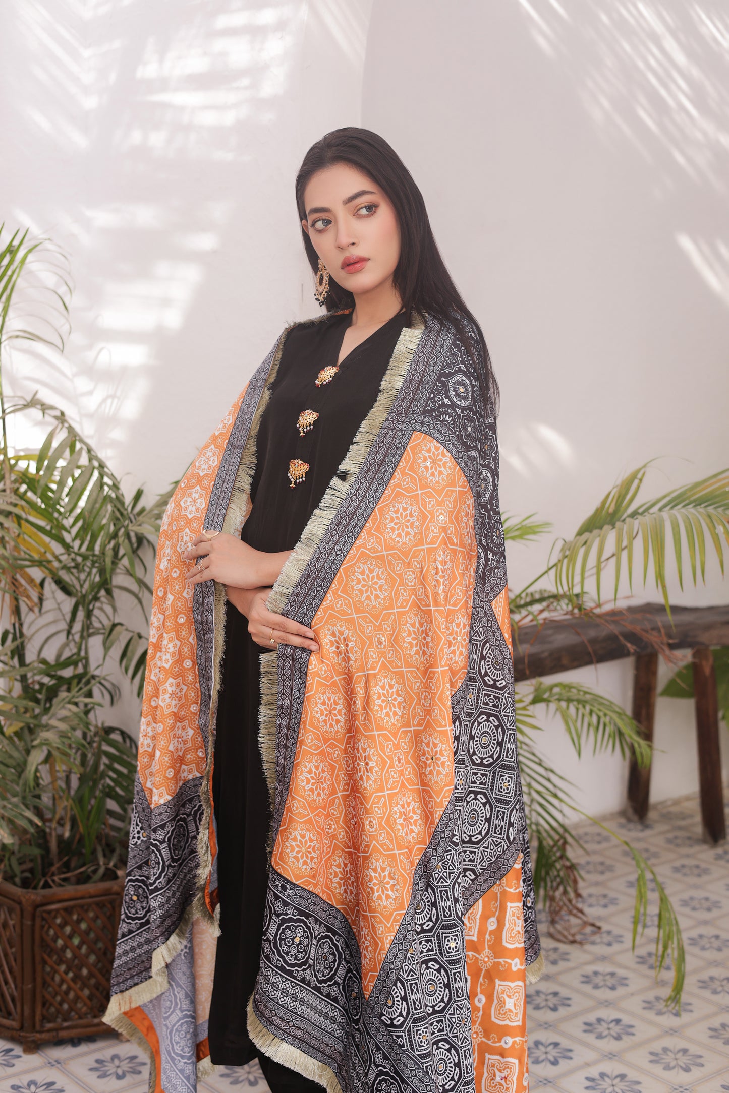 Ajrak Dupatta - Noir Silk