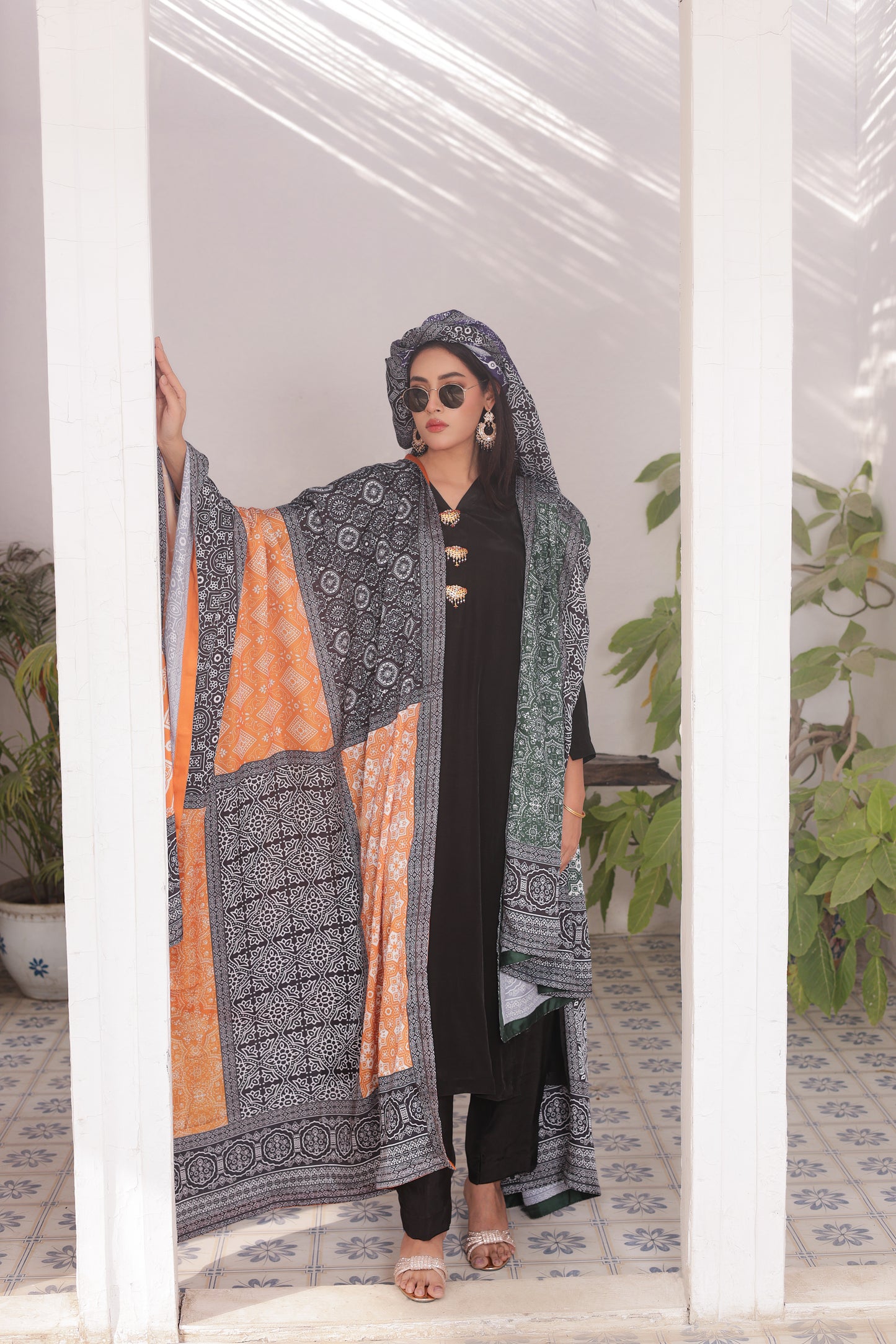 Ajrak Dupatta - Noir Silk