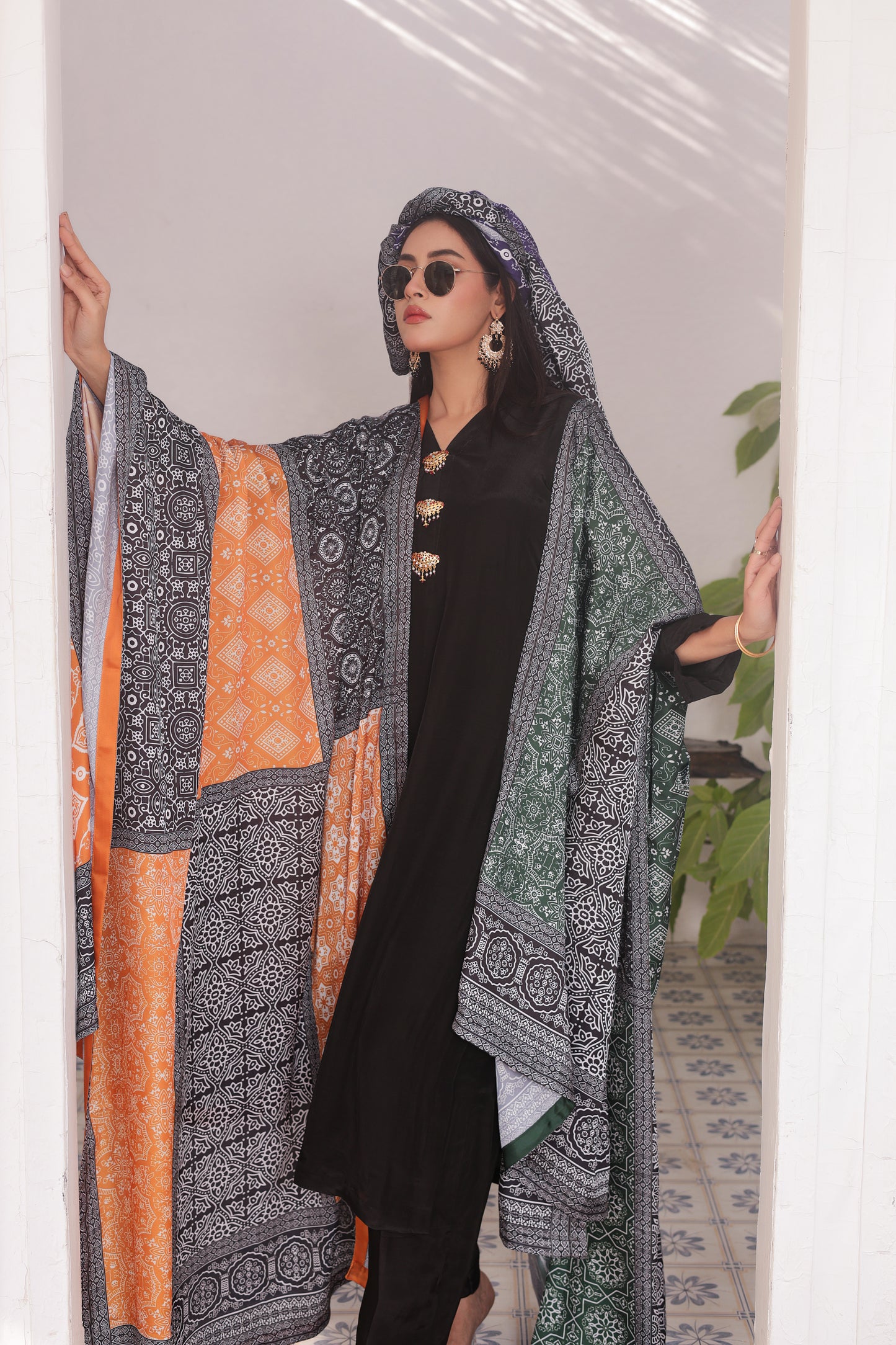 Ajrak Dupatta - Noir Silk