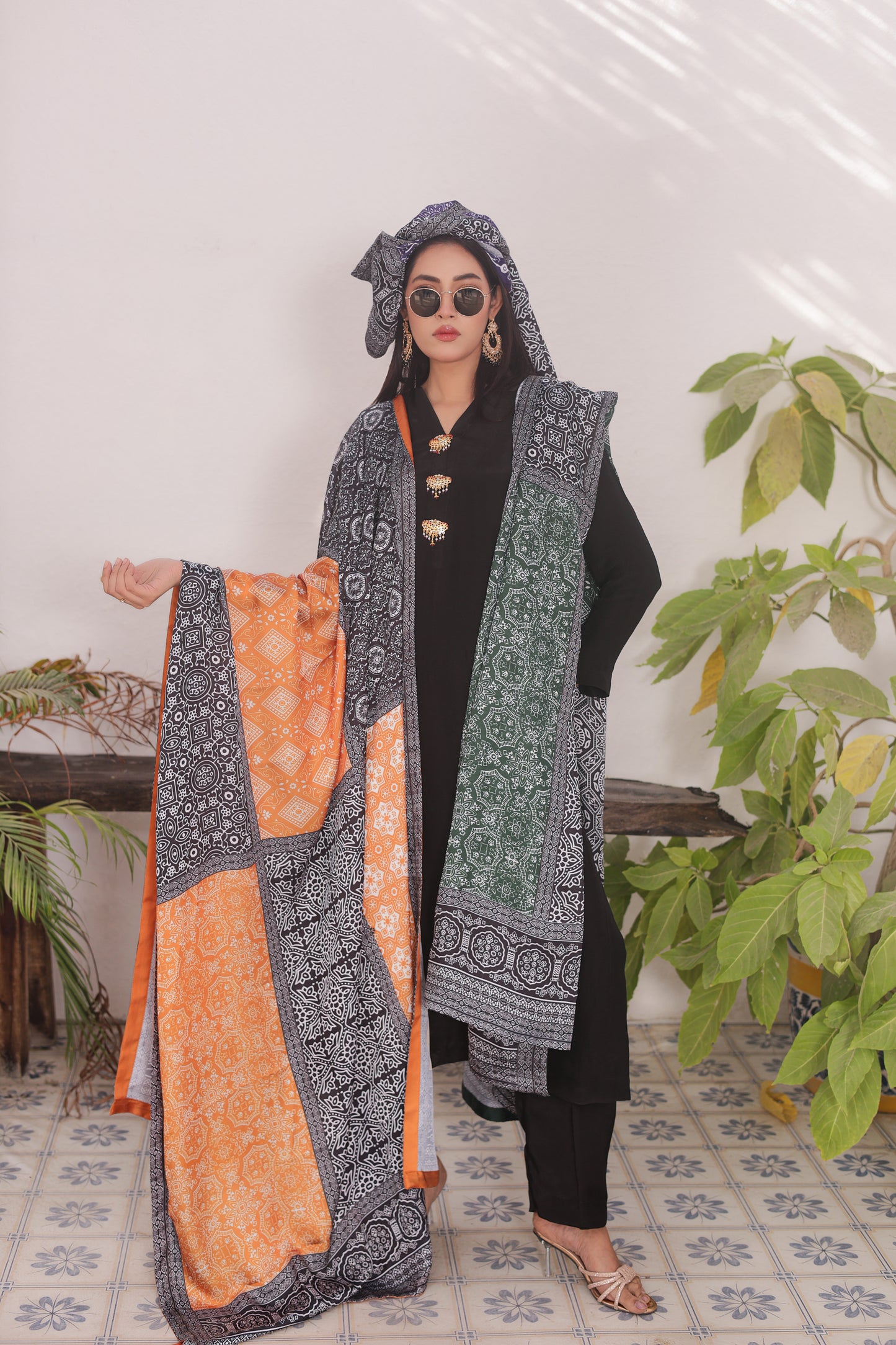 Ajrak Dupatta - Noir Silk