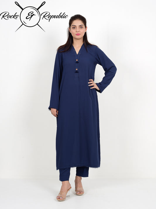 Viscous Crepe Solid Co-ord Set long (Navy Blue) - Rocks & Republic