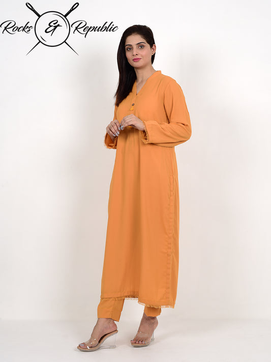 Viscous Crepe Solid Co-ord Set Long (Mustard Yellow) - Rocks & Republic