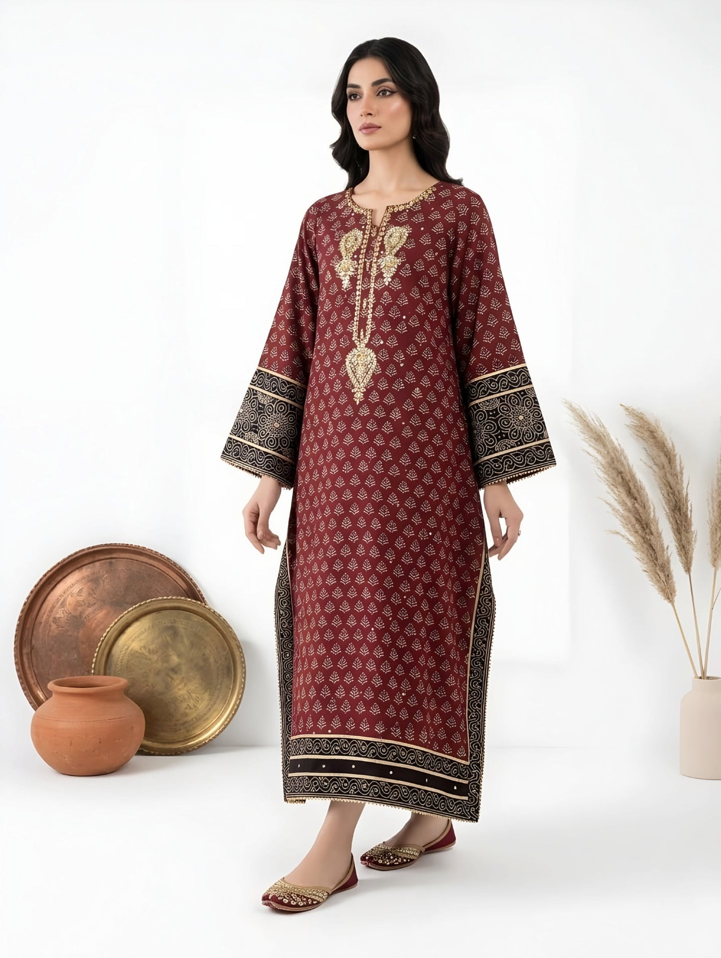 The Maroon Heritage: Hand-Block Printed Ajrak Kaftan (Delivery Time: 4 Weeks)