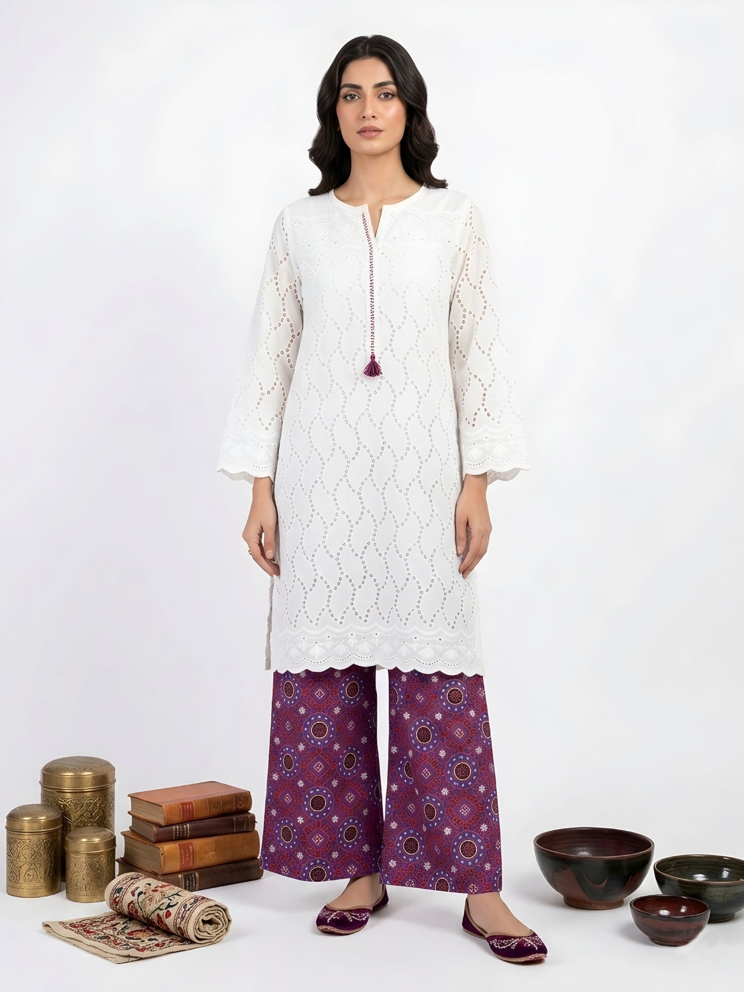 Chikankari Kurta with Ajrak Pants  - Pearl Mirage