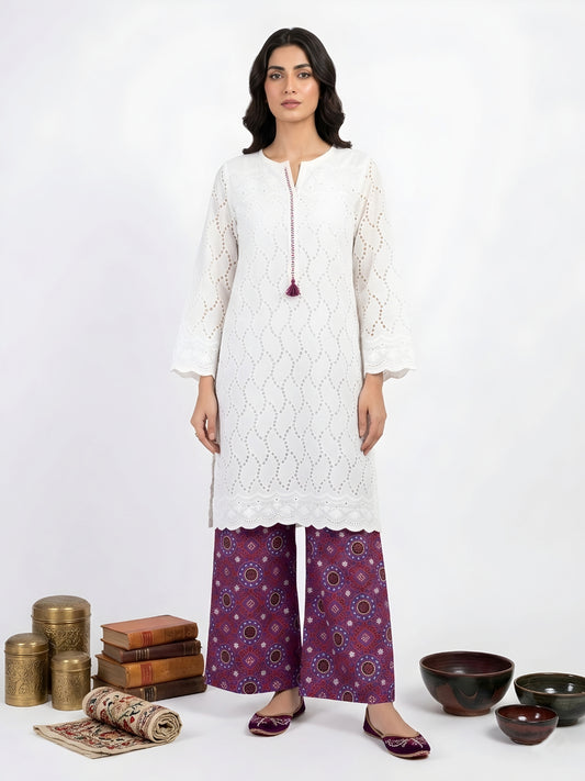 Chikankari Kurta with Ajrak Pants  - Pearl Mirage