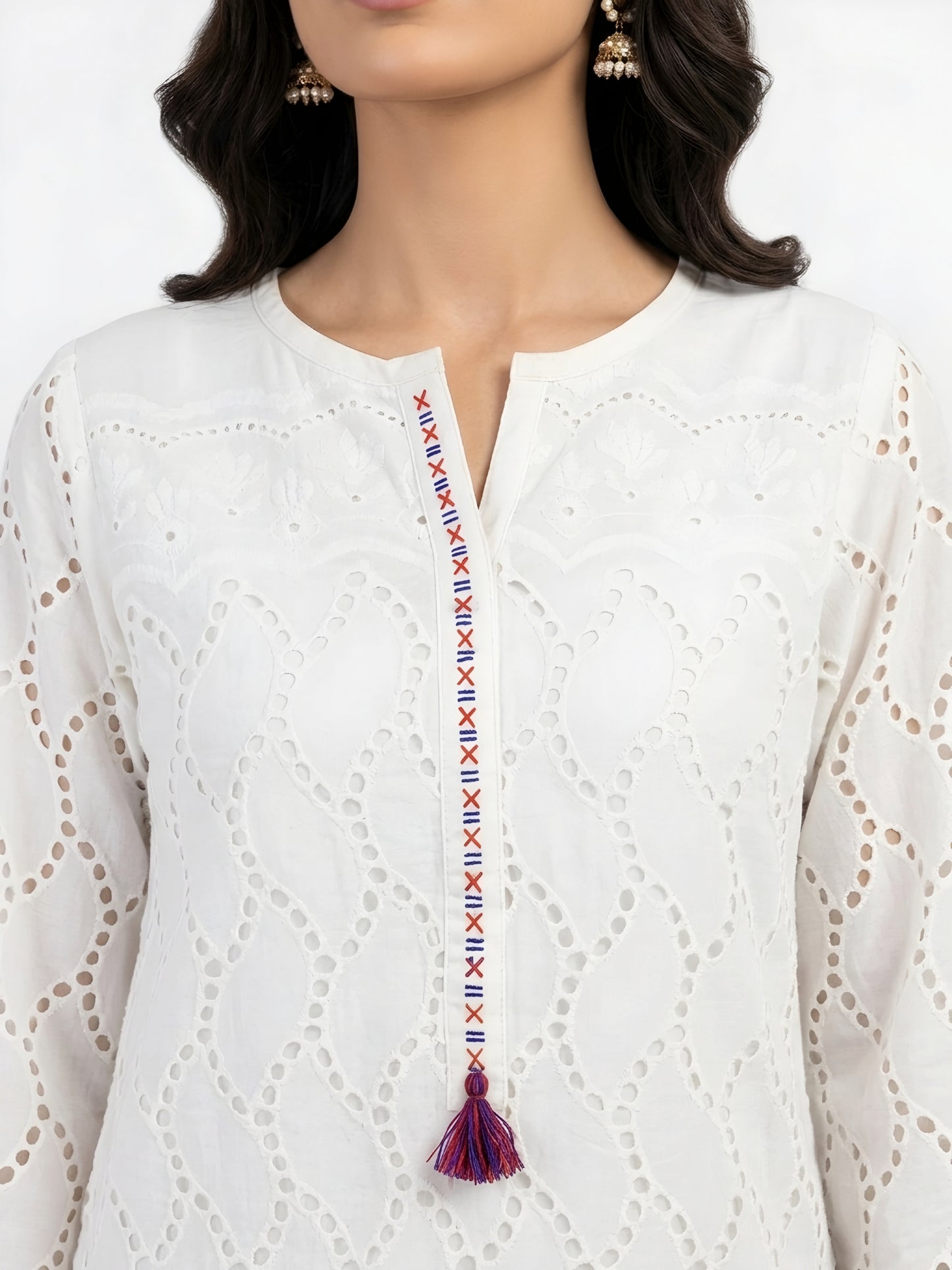Chikankari Kurta with Ajrak Pants  - Pearl Mirage
