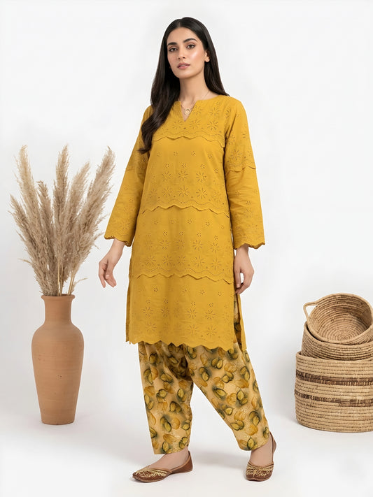 Chikankari with printed Shalwars 2 PC  - Mustard Bloom