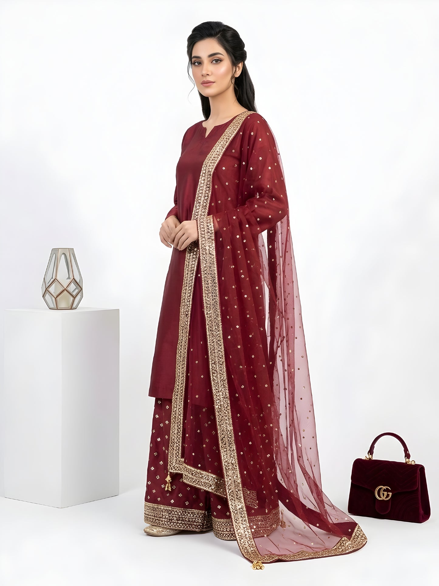 Silk Embroidered Collection - Maroon Elegance