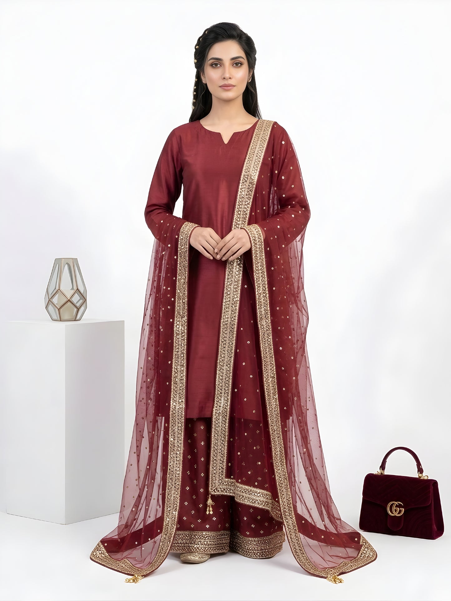 Silk Embroidered Collection - Maroon Elegance