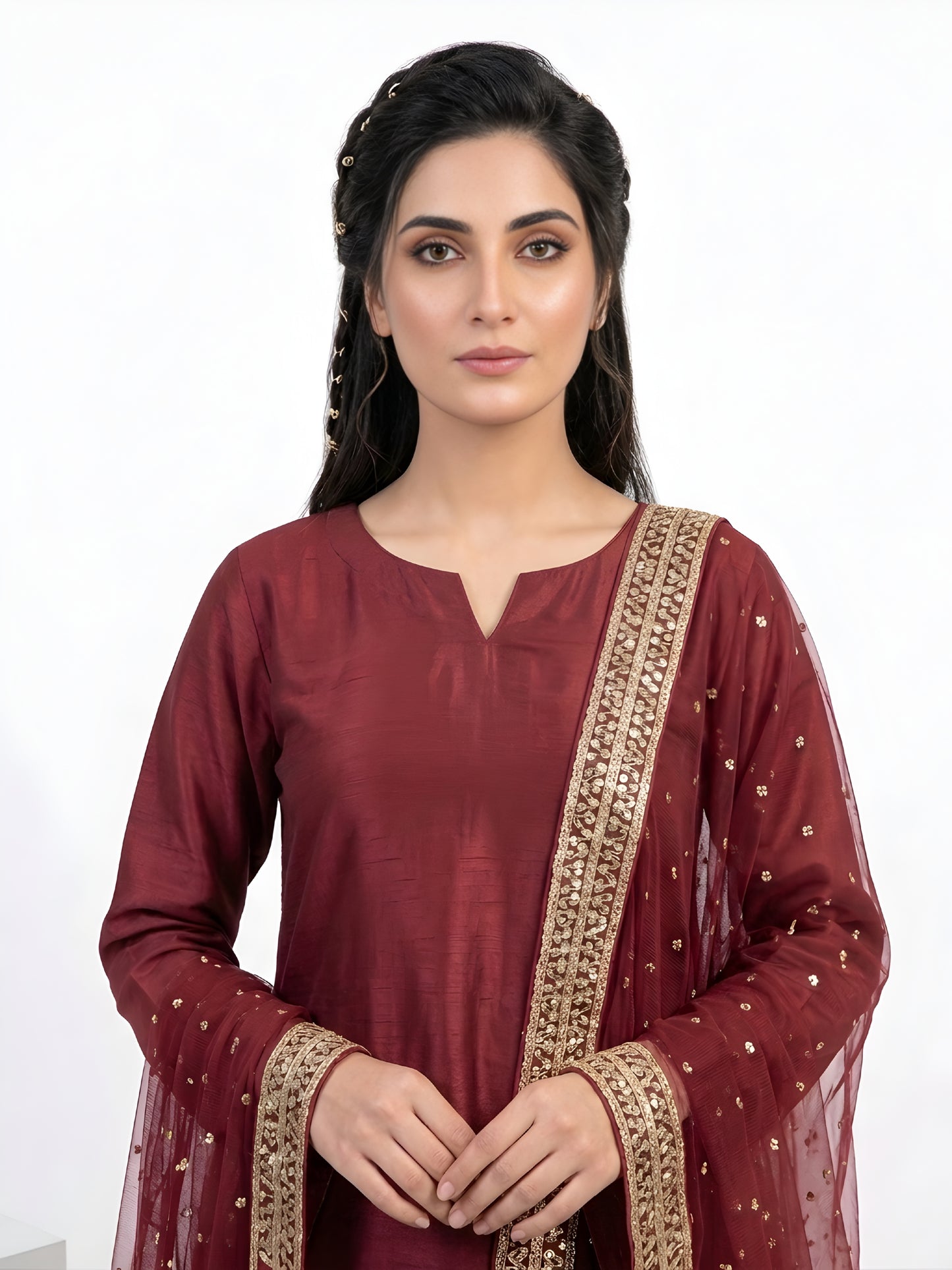 Silk Embroidered Collection - Maroon Elegance