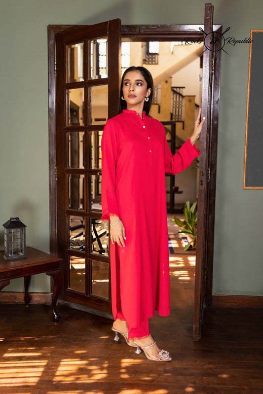 Viscous Crepe Jeorjett Solid Co-ord Set ( Fushia Pink ) Long - Rocks & Republic